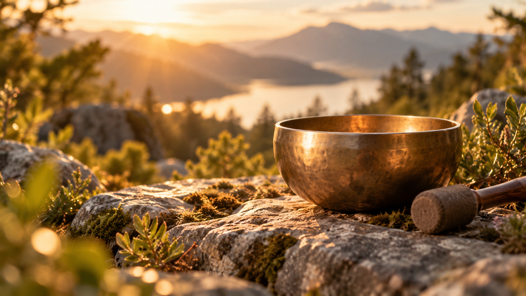 Klangschale auf Felsen in ruhiger Natur bei warmem Abendlicht